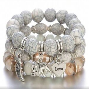 ✨NEW Elephant Love Wings Boho Silver Cream Beaded layered Bracelet Set